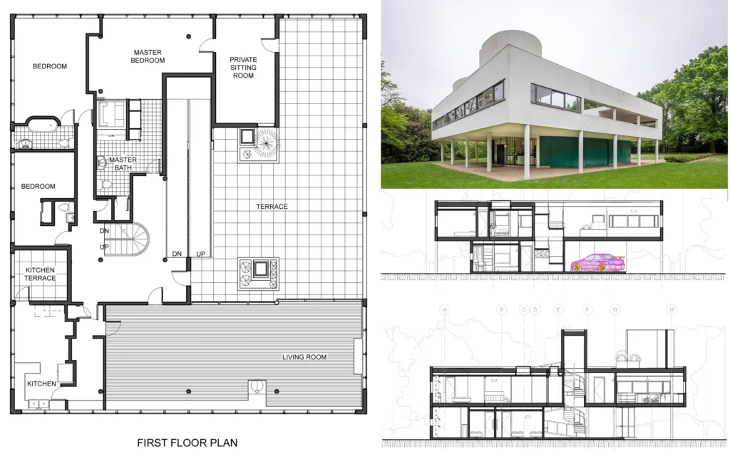 PLAN, SECTION AND VIEW OF VILLA SAVOYE